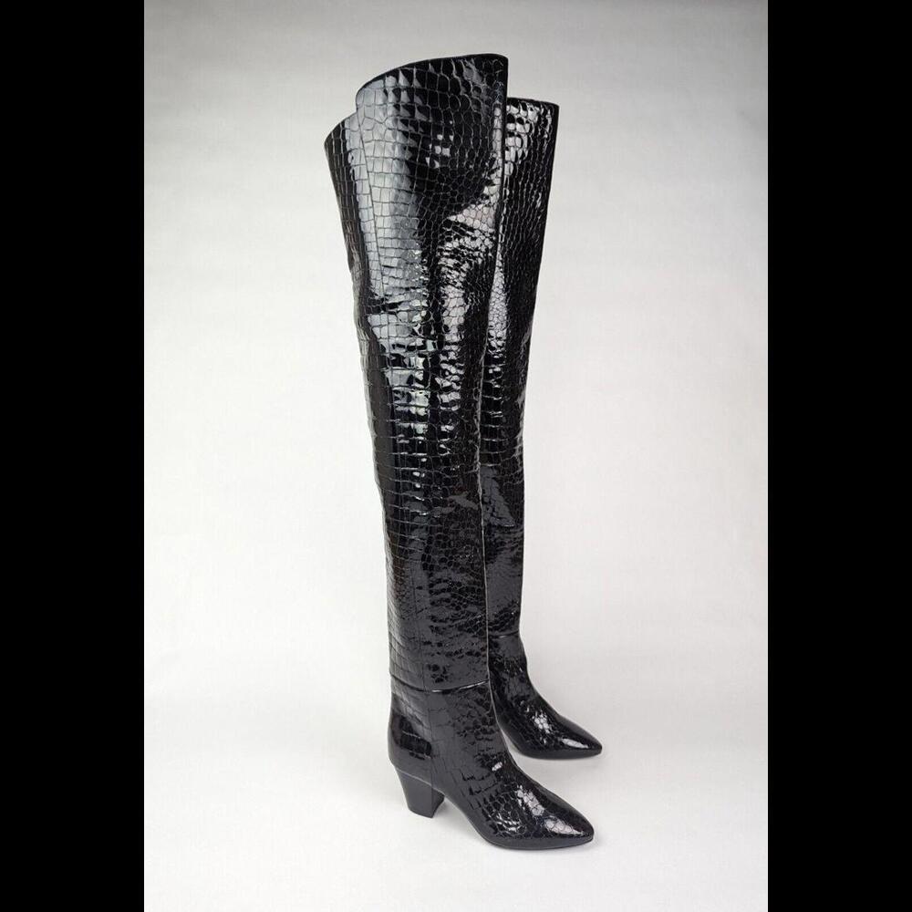 NEW SAINT LAURENT PARIS Sz EU 37 US 7 KIM Black Calfskin Croc Embossed OTK Boots - Picture 1 of 13